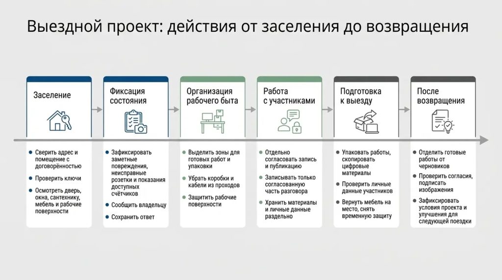 Выездной проект: действия от заселения до возвращения